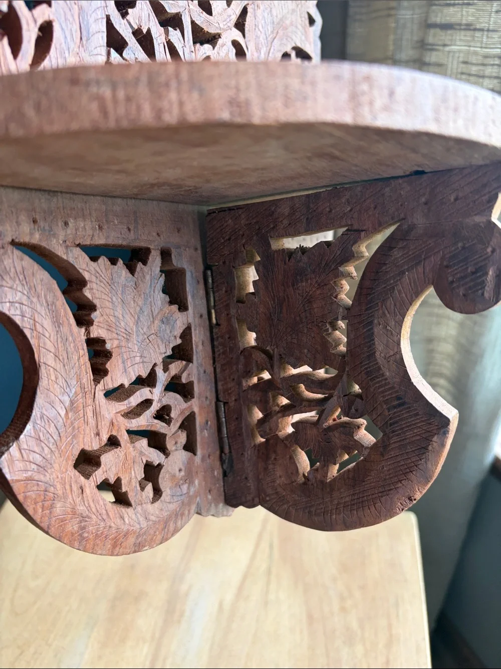 Hand-Carved Brown Wooden Wall Shelf